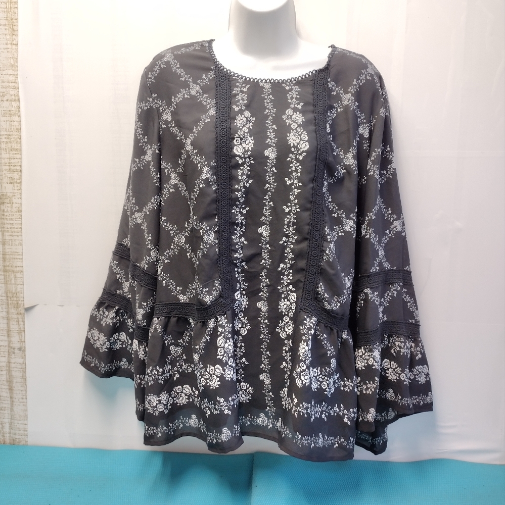 Fever Womens Tunic Pullover Blouse Flared Bell 3/4 Sleeve Black XL